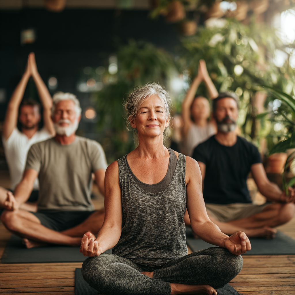 A diverse group of people aged 40-55 practicing different yoga poses in a bright studio with plants and natural elements