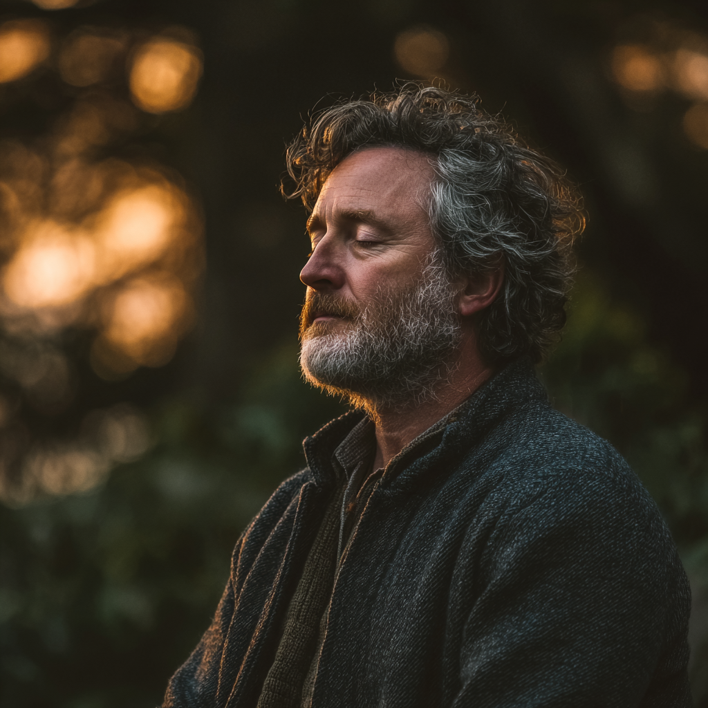 A peaceful mature man in his early 50s meditating in a natural outdoor setting with soft morning light filtering through trees