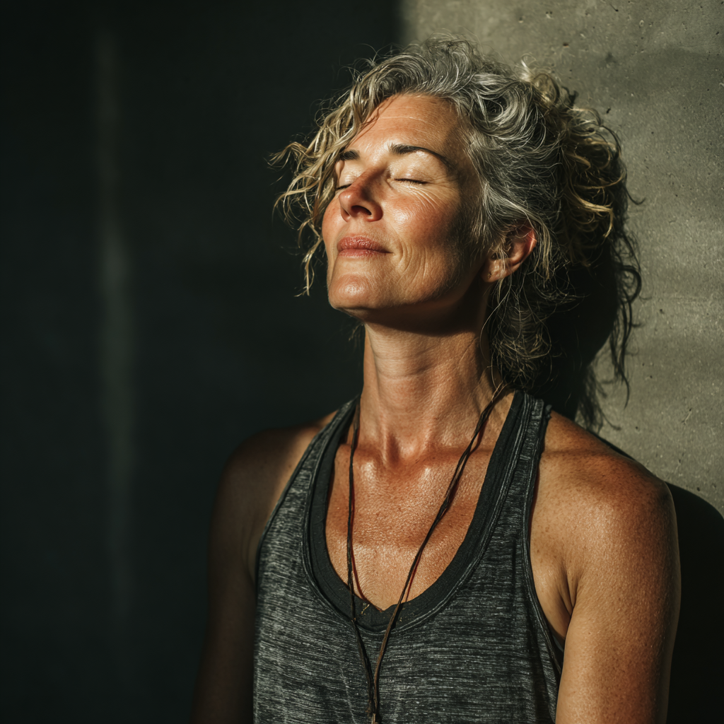 A serene woman in her late 40s practicing yoga meditation pose in a peaceful studio setting with natural lighting